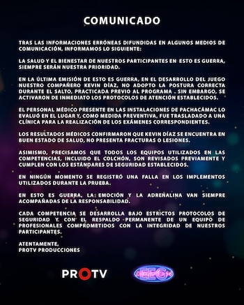 ProTV emitió un comunicado e informó que participante no presenta lesiones ni fracturas. IG