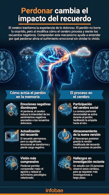 Infografía que ilustra el proceso cerebral del perdón, mostrando cómo el cerebro ilumina y actualiza recuerdos, reduciendo su impacto negativo.