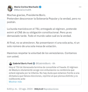 Gabriel Boric, presidente de Chile, condenó las recientes elecciones en Venezuela, describiendo el proceso como un fraude y una dictadura, mensaje que fue aplaudido por María Corina Machado - crédito @MariaCorinaYA/X