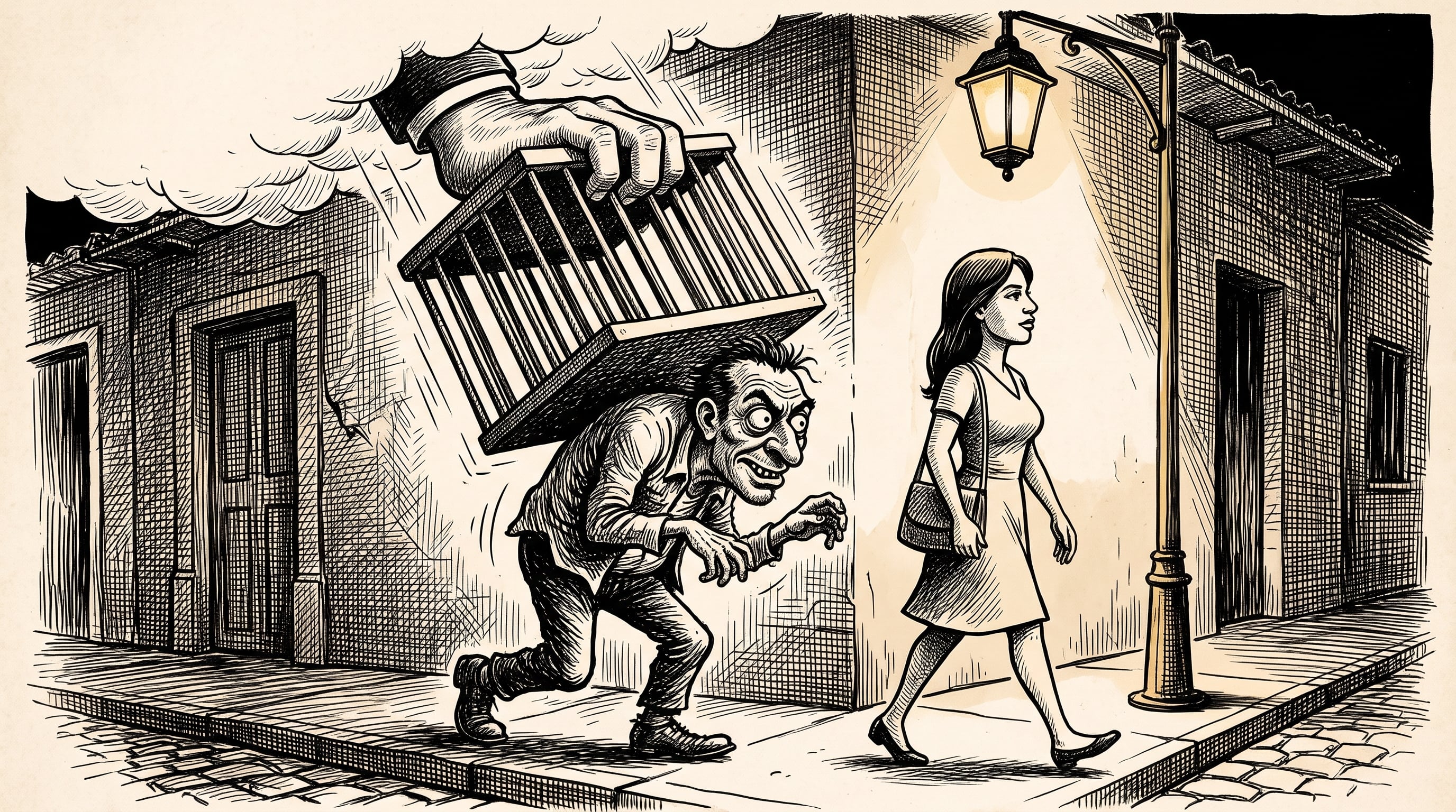 Una caricatura editorial ilustra la aplicación de penas de prisión contra el acoso callejero en El Salvador. (Imagen Ilustrativa Infobae)