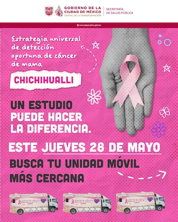 Cartel de campaña con fondo rosa. Muestra una mano gris sosteniendo un lazo rosa de concientización y tres unidades móviles de mastografía