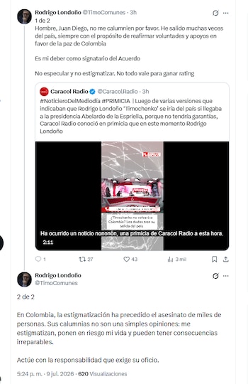 Rodrigo Londoño aseguró que ha salido del país en más de una ocasión - crédito @TimoComunes/X