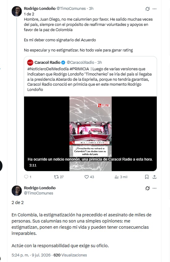 Rodrigo Londoño aseguró que ha salido del país en más de una ocasión - crédito @TimoComunes/X