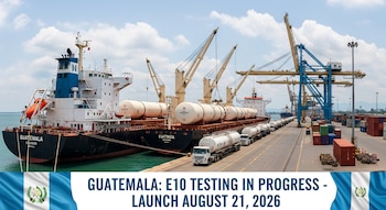 Dos buques de carga con tanques cilíndricos en un puerto, junto a grúas, camiones cisterna y contenedores. Banderas de Guatemala y texto informativo en un banner inferior.