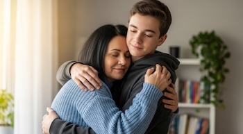 Mujer con suéter azul y hombre joven con sudadera gris se abrazan tiernamente con ojos cerrados. Fondo claro con ventana y estantería de libros