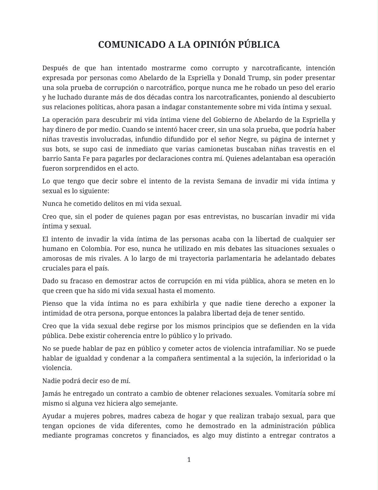 Gustavo Petro rechazó las acusaciones en su contra sobre presuntos contratos a cambio de favores sexuales - crédito @petrogustavo/X
