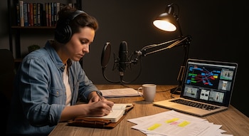 Mujer con auriculares y micrófono en un escritorio. Escribe en un cuaderno, junto a un portátil con gráficos, papeles, taza y lámpara.