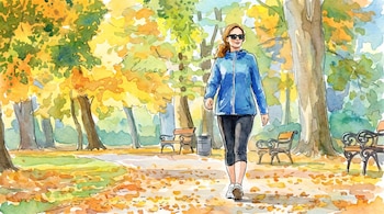 Dibujo acuarela de una mujer con chaqueta azul y gafas de sol caminando en un parque otoñal. Se ven árboles con hojas amarillas y verdes y hojas caídas.