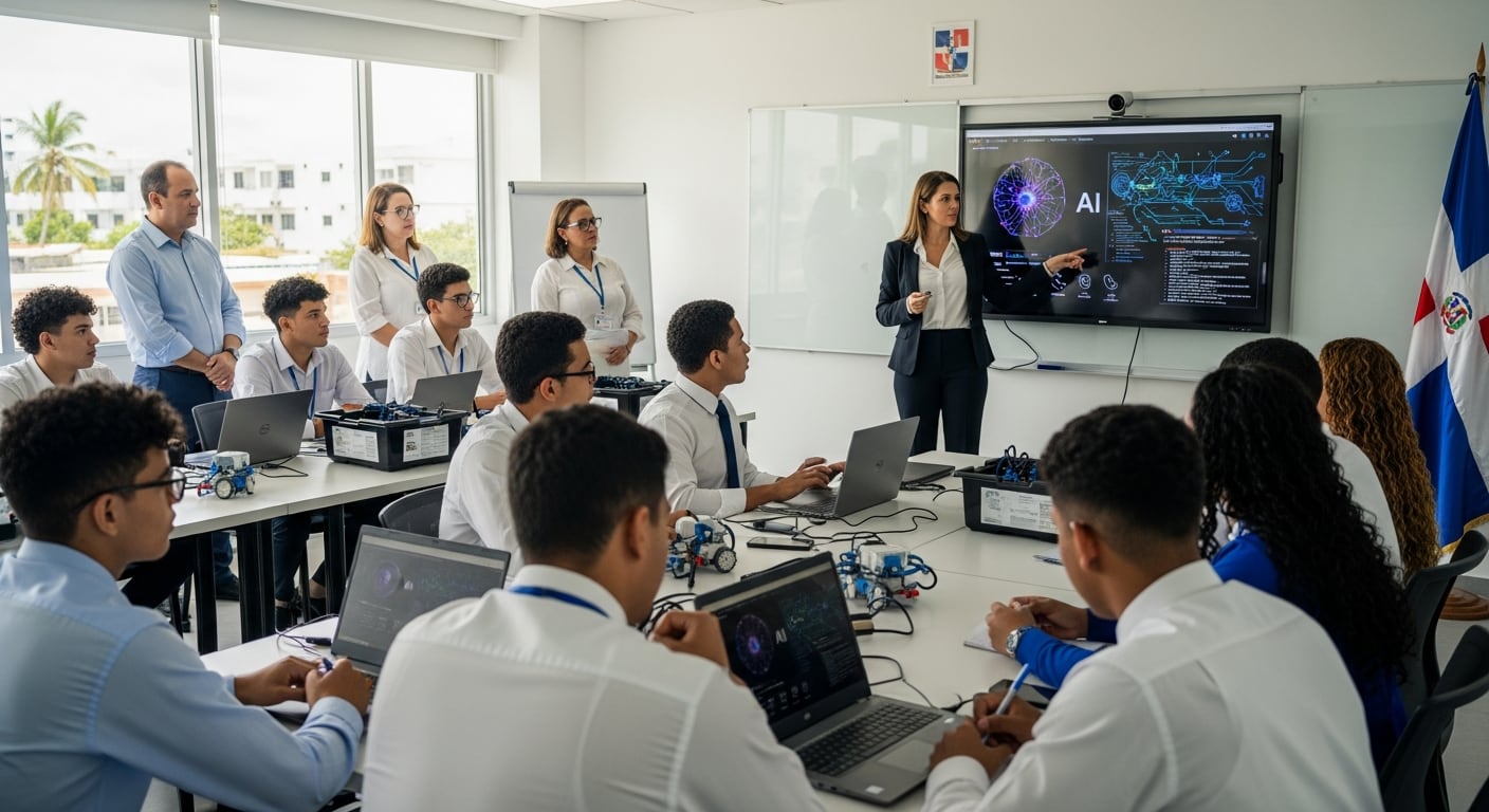 Una experta instruye a estudiantes y docentes dominicanos en inteligencia artificial, con computadoras y kits de robótica sobre las mesas en un aula moderna. (Imagen Ilustrativa Infobae)