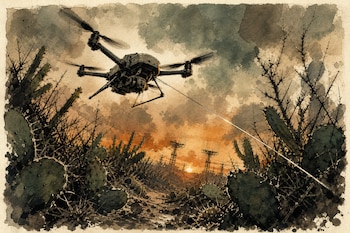 Ilustración de un dron cuadricóptero en vuelo con un cable fino extendido sobre un camino de cactos y antenas metálicas al fondo.