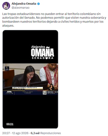 Alejandra Omaña advirtió que solo el Senado puede autorizar presencia militar extranjera - crédito @aleomanao/X
