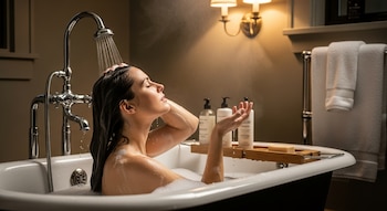 Una mujer en una bañera blanca con grifos cromados lava su cabello bajo la ducha, con espuma y vapor. Botellas de champú y jabón están en una bandeja de madera.