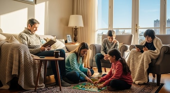 Una familia de cinco personas en una sala de estar soleada; el padre lee, la madre y la hija juegan un juego de mesa, y dos hijos usan dispositivos.