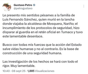 Petro sobre ataque a lancha en Nariño - crédito @petrogustavo/X