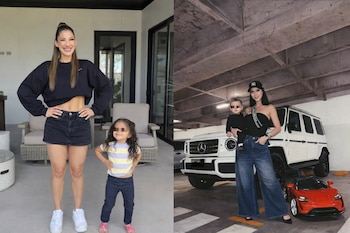 Collage: una mujer y una niña con rostro pixelado en un patio; otra mujer con un bebé de rostro pixelado en un garaje, junto a un SUV y un coche de juguete.