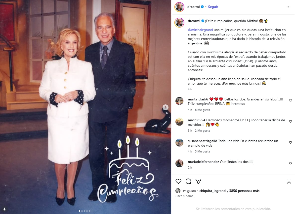 Alberto Cormillot definió a Mirtha Legrand como una 'institución en sí misma', resaltando anécdotas compartidas y su vigencia en la vida pública