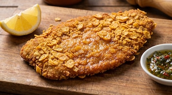 Milanesa dorada y crujiente empanada con copos de maíz, acompañada de una cuña de limón fresco y un tazón de salsa verde sobre una tabla de madera.