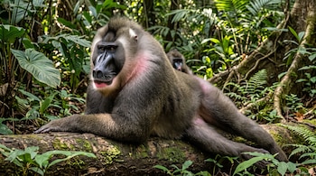 Un primate drill tendido sobre un tronco con musgo en medio de helechos y follaje verde.