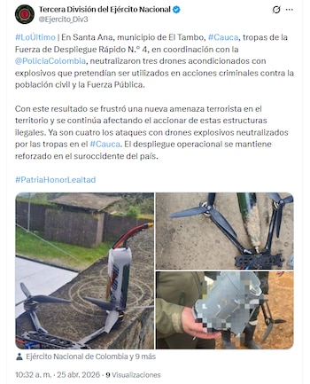 El Ejército Nacional reportó la neutralización de los elementos explosivos que iban a ser utilizados contra la Aeronáutica Civil - crédito @Ejercito_Div3/X