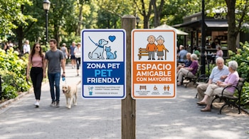 Un poste de madera sostiene dos carteles, uno azul para mascotas y uno naranja para adultos mayores, frente a un sendero con peatones y bancos.