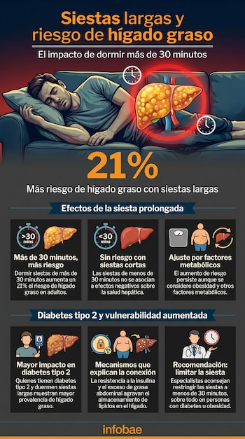 Infografía que muestra a un hombre durmiendo en un sofá junto a una ilustración de un hígado amarillento. Incluye texto sobre siestas largas y el riesgo de hígado graso.