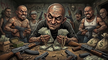 Caricatura detallada de un grupo de hombres calvos y tatuados, algunos armados, alrededor de una mesa llena de fajos de dinero, armas de fuego, balas y bolsas de dinero.