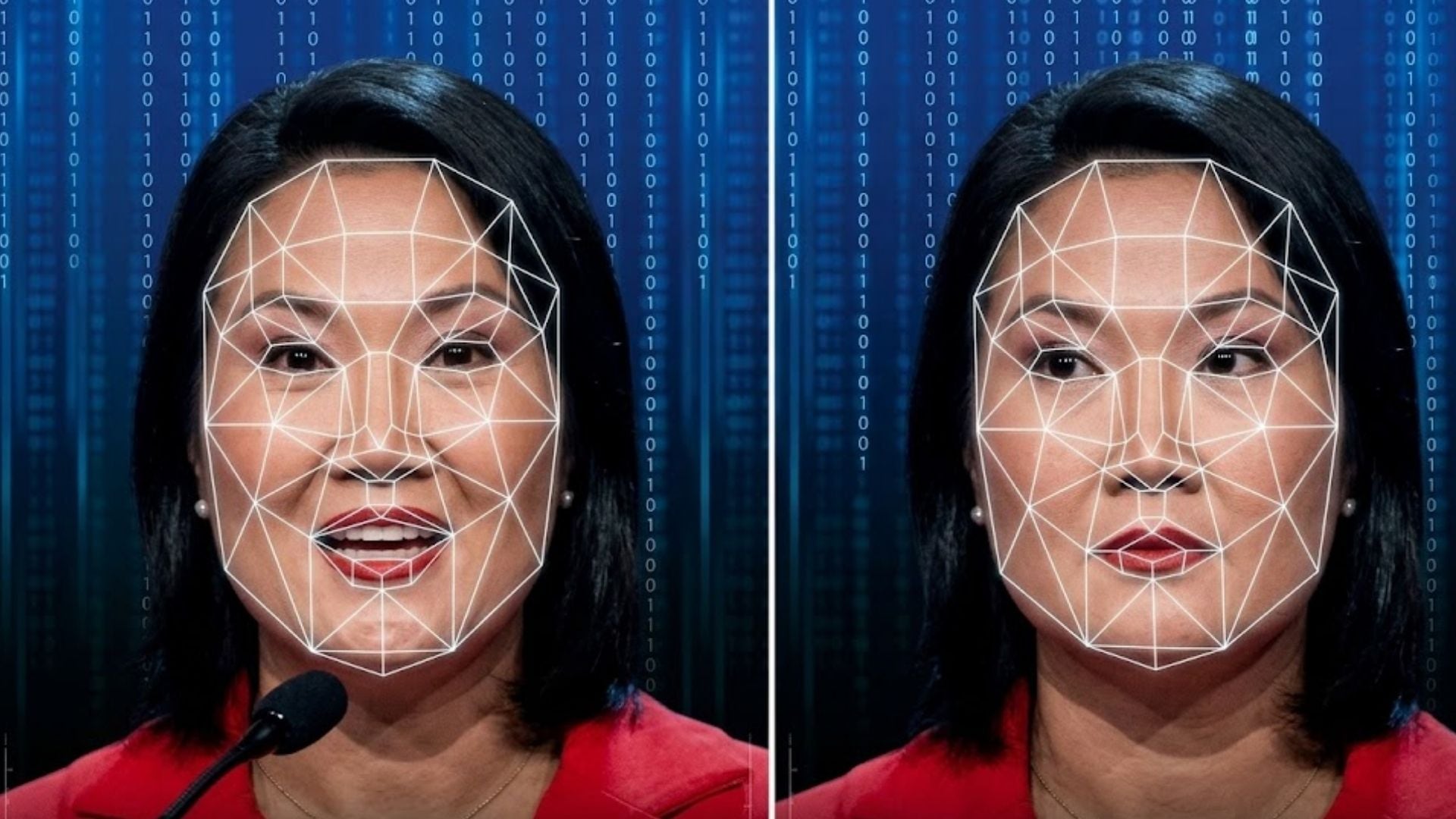 Una malla geométrica sobre el rostro de la política Keiko Fujimori ilustra la aplicación de tecnología de deepfake en imágenes de vídeo. (Imagen Ilustrativa Infobae)