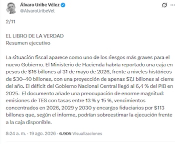 Uribe sostuvo que en materia fiscal hubo retrocesos y malas decisiones - crédito @AlvaroUribeVel/X
