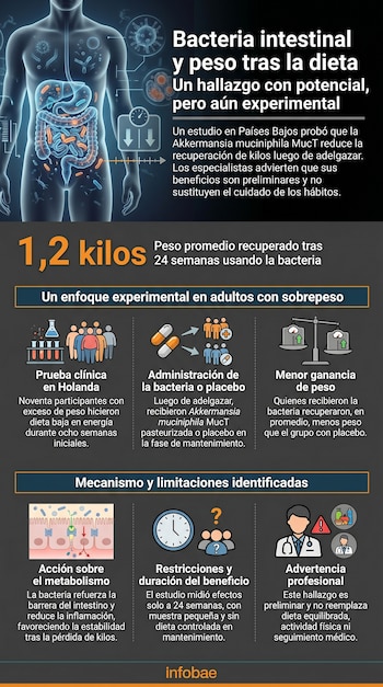 La imagen muestra un cuerpo humano translúcido con el sistema digestivo iluminado, junto a íconos científicos, texto y datos numéricos sobre un fondo oscuro.
