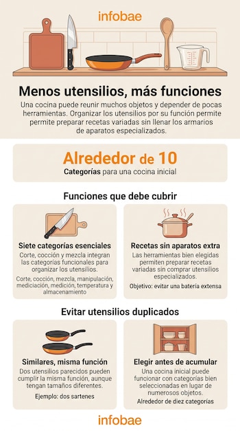 Infografía con ilustraciones de tabla de cortar, cuchillo, sartén, cuchara de madera, jarra medidora y esquemas informativos sobre cocina.