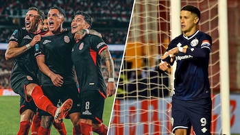Imagen dividida con tres jugadores en uniforme negro a la izquierda y un jugador en uniforme azul junto a una red de portería a la derecha