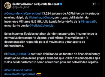 La incautación de hidrocarburos en Istmina buscó frenar el uso de los ejes viales de Chocó como corredores logísticos de grupos armados ilegales - crédito @Ejercito_Div7 / X