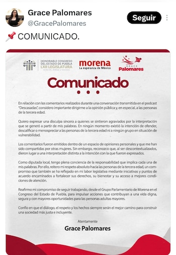 En un comunicado dirigido a la opinión pública, la legisladora sostiene que no buscó ofender a ningún sector vulnerable y atribuye la polémica a una lectura fuera de contexto de sus comentarios
