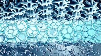 Ilustración de un corte transversal de una batería de zinc-ión acuosa con tres capas: superior porosa esponjosa, media de red hexagonal translúcida y base rugosa.