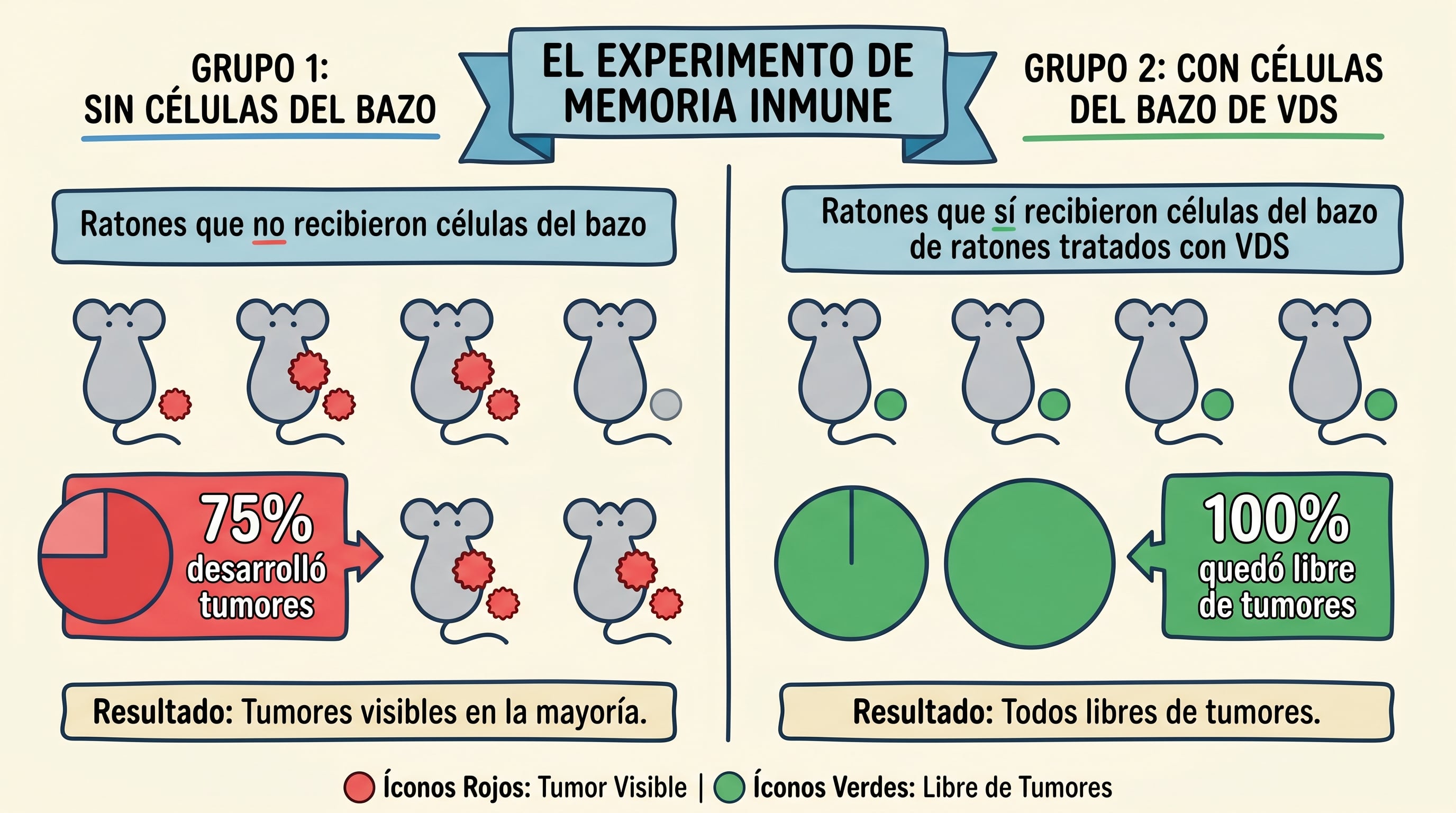 Este gráfico detalla cómo ratones que recibieron células del bazo de donantes tratados con VDS mostraron un 100% de resistencia a tumores, a diferencia del 75% de desarrollo tumoral en el grupo de control. (Imagen Ilustrativa Infobae)