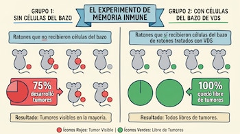 Infografía sobre experimento de memoria inmune. Muestra dos grupos de ratones; uno sin células del bazo (75% tumores), otro con (100% libres de tumores).