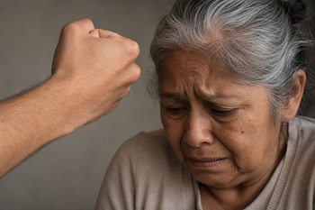 Un puño masculino cerrado alzado frente al rostro de una mujer anciana con cabello canoso y la mirada baja.