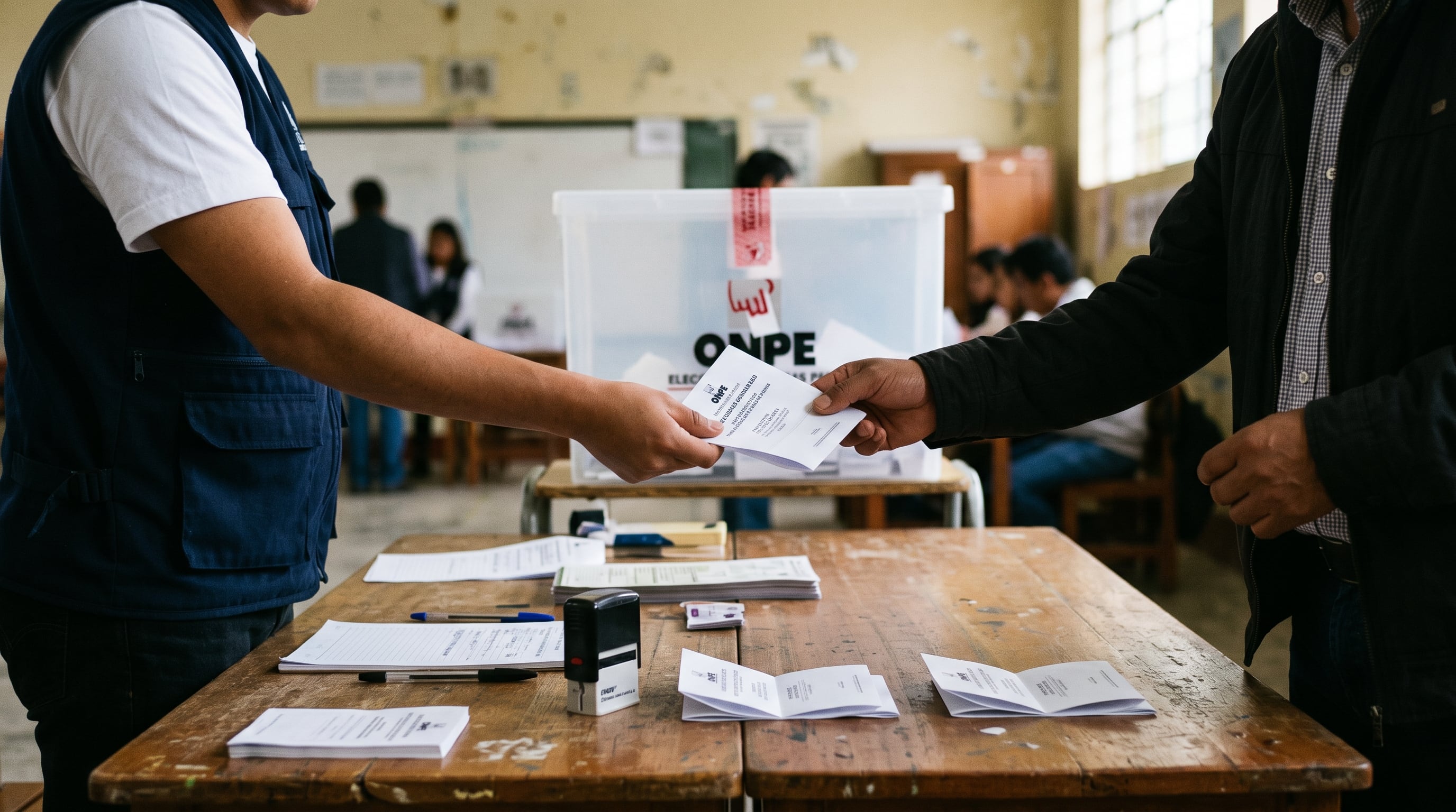 Un miembro de mesa entrega una cédula de votación a un ciudadano durante la jornada electoral en Perú. (Imagen Ilustrativa Infobae)