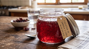 Un frasco transparente con gelatina roja y semillas de chía, un tazón con flores de jamaica y una cuchara sobre una mesa de madera.
