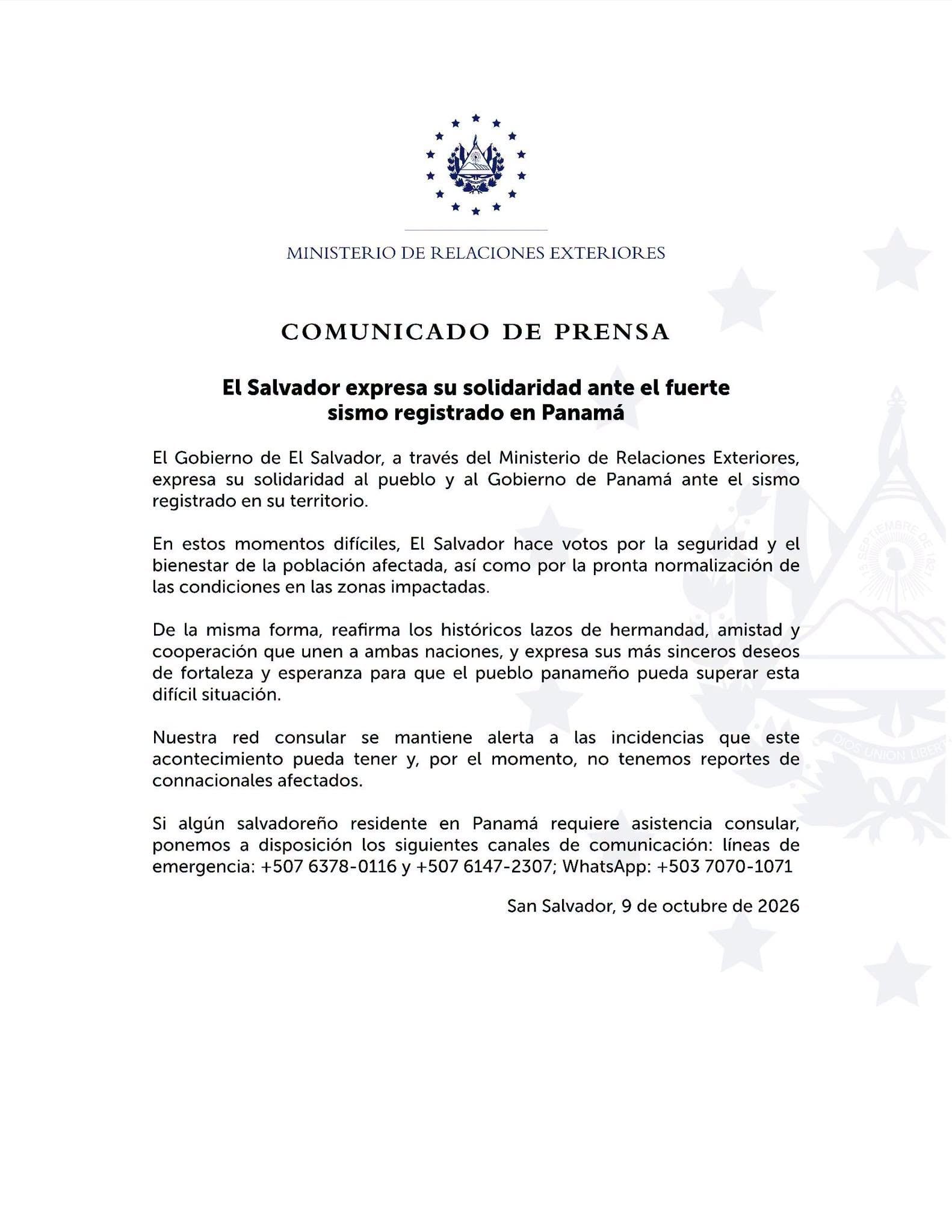 zonas del país y activó protocolos de emergencia en la Ciudad de Panamá. El Gobierno de El Salvador expresó su solidaridad con Panamá tras el terremoto de magnitud 7.6 registrado en territorio panameño. (Cortesía: Cancillería de El Salvador)