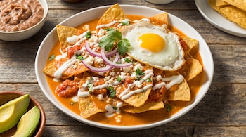 Un plato blanco ovalado contiene totopos bañados en salsa rojiza, con un huevo frito, cebolla morada, queso, cilantro. A su lado, frijoles, aguacate y totopos.