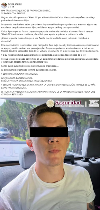 Grecia Quiroz, presidenta municipal de Uruapan, se pronunció este 18 de septiembre tras la vinculación a proceso de Alexis N, alias El Brilloso, por el homicidio de su esposo Carlos Manzo. Crédito: Especial