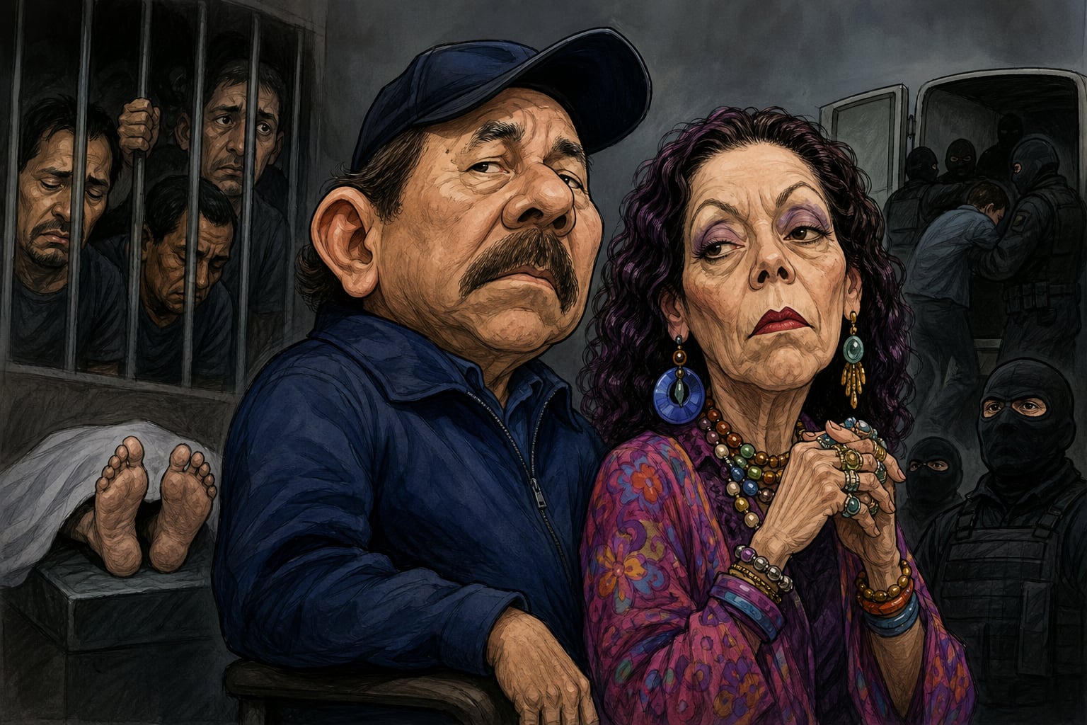 Una caricatura de Daniel Ortega y Rosario Murillo ilustra las denuncias de la ONU sobre muertes de presos políticos y desapariciones forzadas en Nicaragua. (Imagen Ilustrativa Infobae)