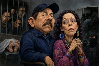 Caricatura de Daniel Ortega y Rosario Murillo junto a celdas con prisioneros, un cuerpo cubierto y agentes encapuchados que arrestan a un hombre.