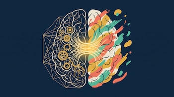 Ilustración de un cerebro con engranajes a la izquierda, pinceladas coloridas a la derecha y líneas doradas luminosas en el centro.