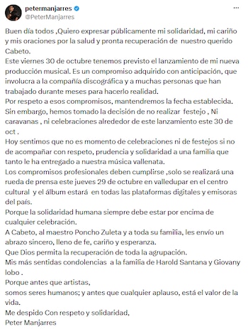 Captura de pantalla de un mensaje de texto publicado por la cuenta verificada del cantante Peter Manjarrés sobre un fondo blanco