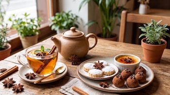 Una taza de té con canela y anís, una tetera, trufas de chocolate, galletas y plantas en macetas sobre una mesa de madera.