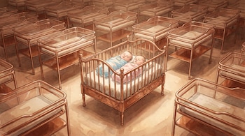 Habitación de maternidad con múltiples cunas de hospital vacías, y en el centro, una cuna de madera con dos bebés envueltos en mantas.