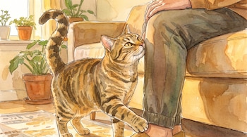 Ilustración en acuarela de un gato atigrado que frota su cabeza contra el pantalón de una persona sentada junto a plantas en macetas.
