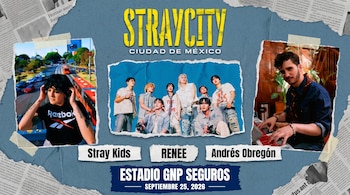 Cartel promocional estilo scrapbook para el evento Straycity, con fotos de Stray Kids, RENEE y Andrés Obregón sobre un fondo azul grisáceo y recortes de periódico.